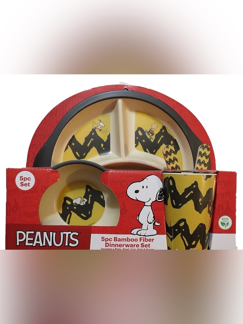 Peanuts 5pc Bamboo Fiber Dinnerware Set Plate, Bowl, Cup, Fork & Spoon